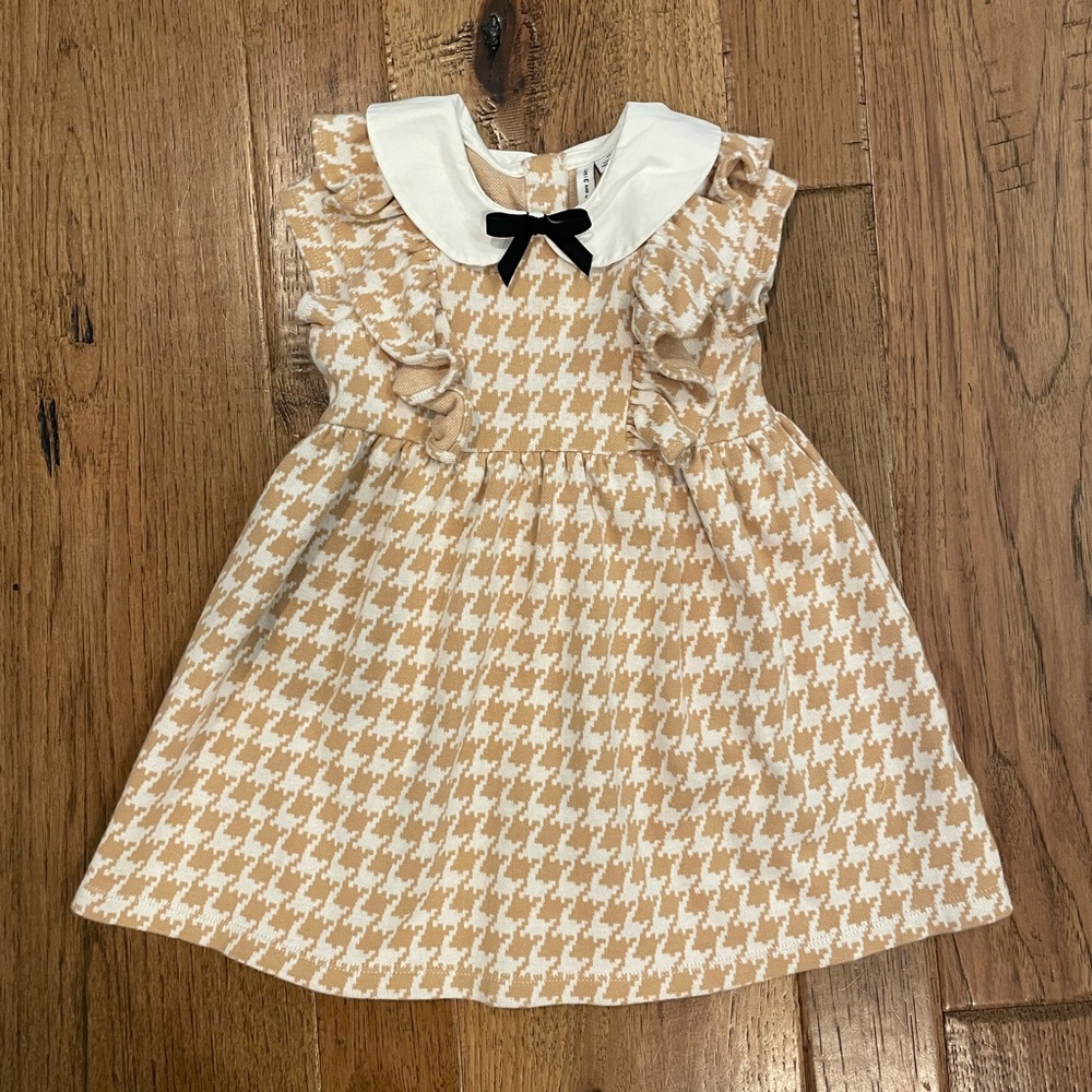 Janie and Jack Tan Houndstooth Dress with Black Bow